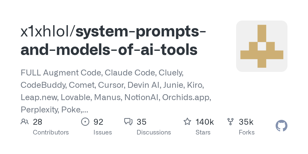 Comprehensive Collection of System Prompts and Models for Leading AI Tools Surfaces on GitHub